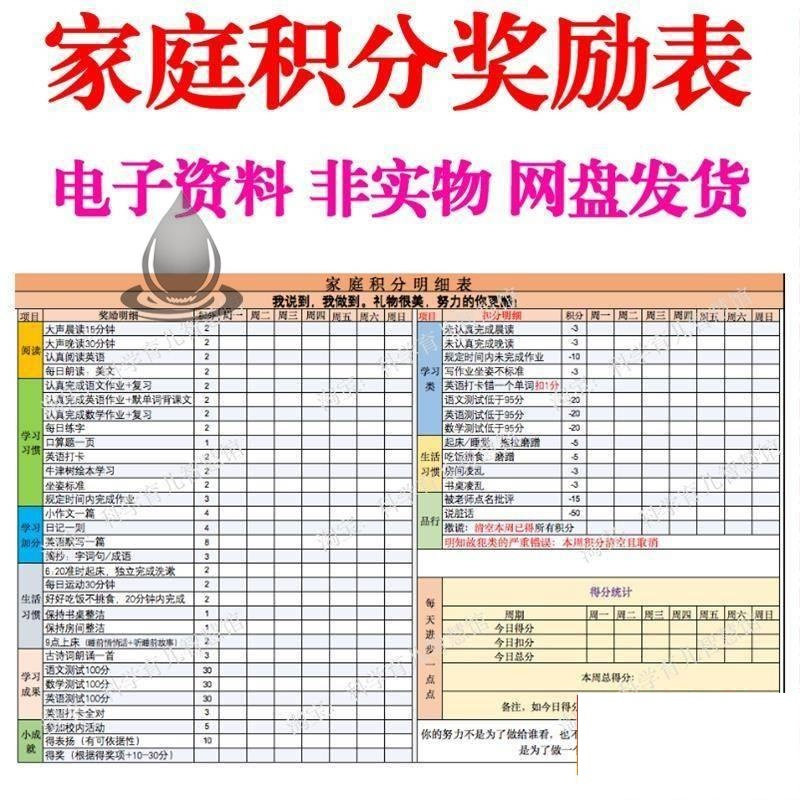 B267家庭积分奖励儿童惩罚积分表小学生儿童自律表可打印电子模板-鑫杰虚拟电商货源网-虚拟货源产品网站